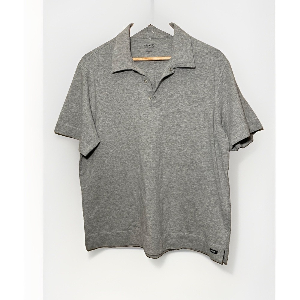 Nick It Polo Shirt Men's Large Short Sleeve Snap Buttons Cotton Gray
